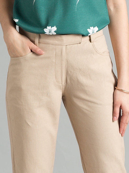 Straight Fit Linen Trousers - Beige