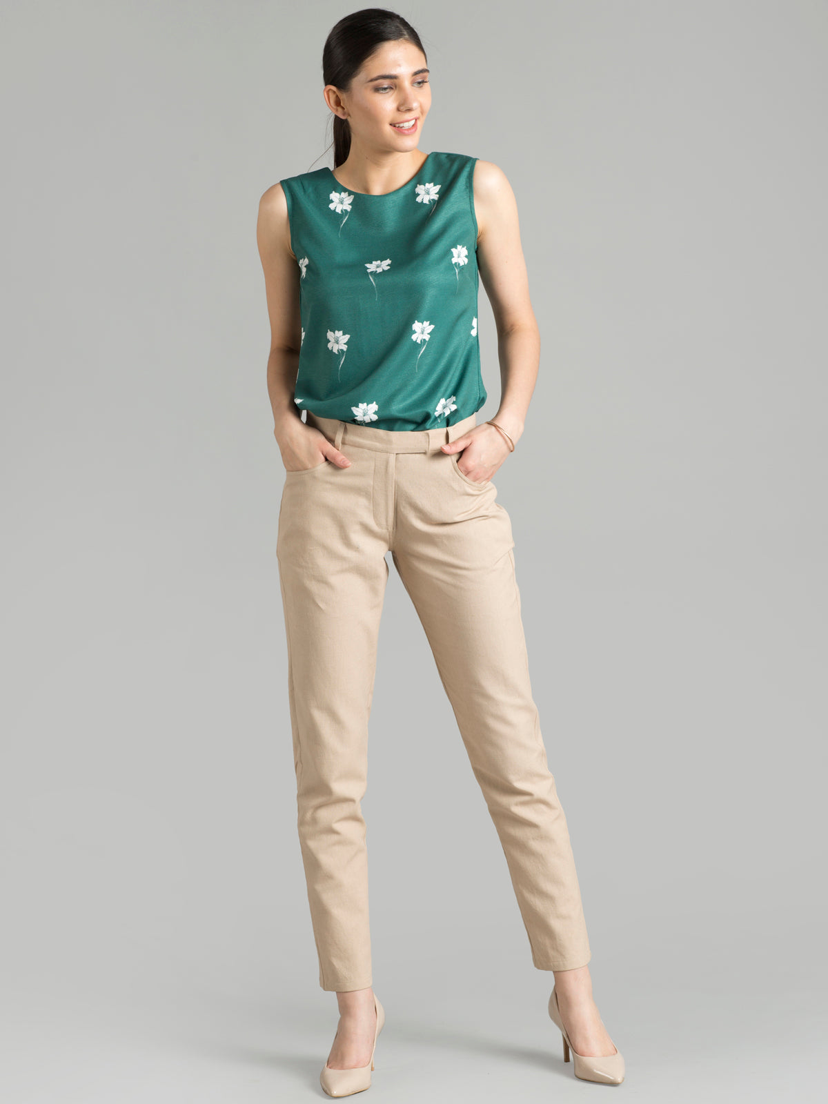 Straight Fit Linen Trousers - Beige