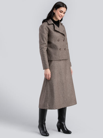 Tweed Herringbone Lapel Double Breasted Jacket - Brown