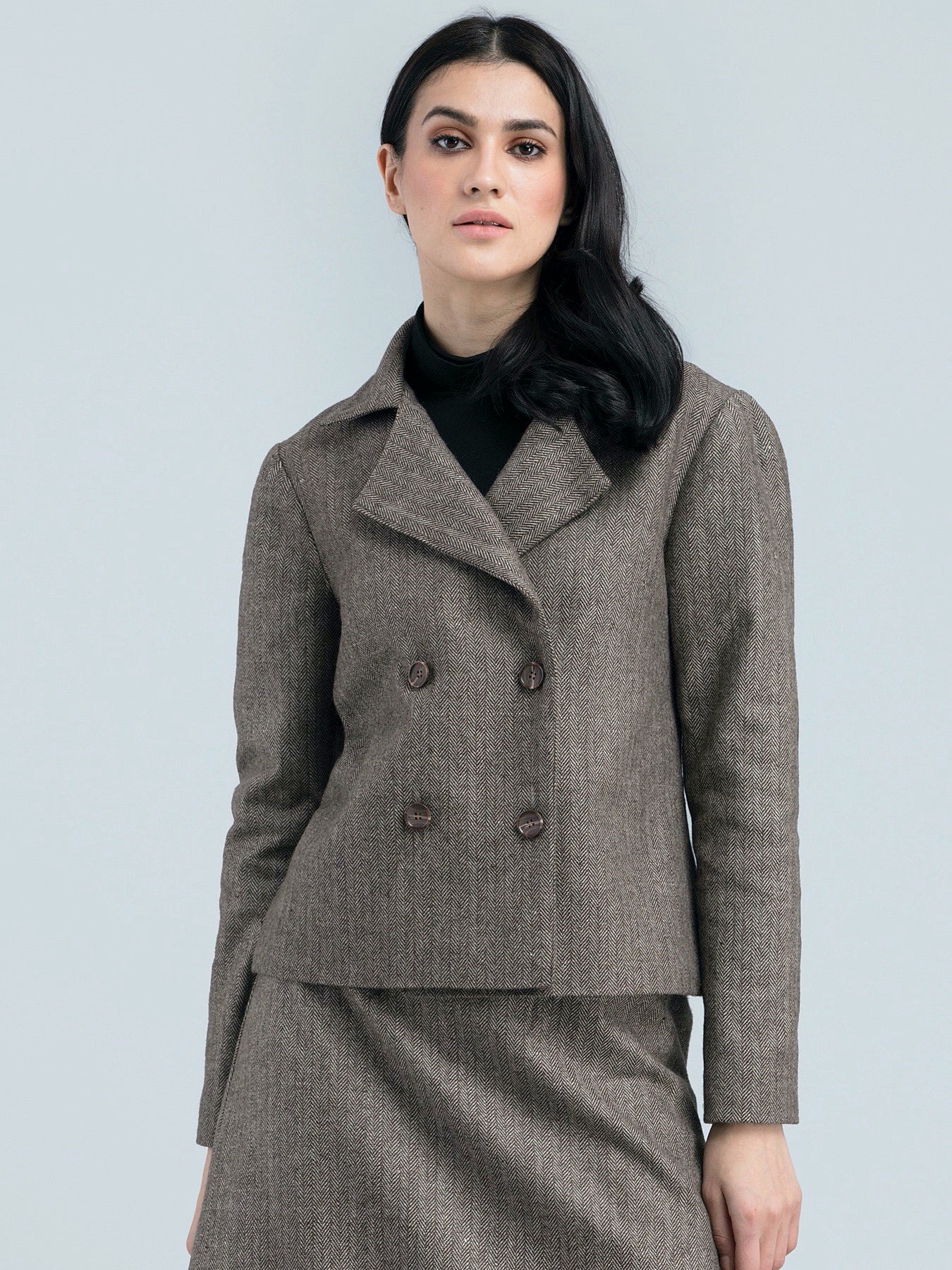 Tweed Herringbone Lapel Double Breasted Jacket - Brown