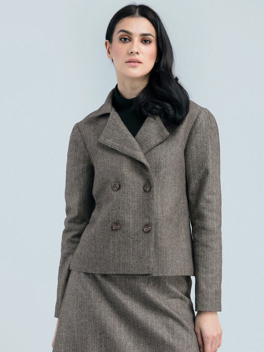 Tweed Herringbone Lapel Double Breasted Jacket - Brown
