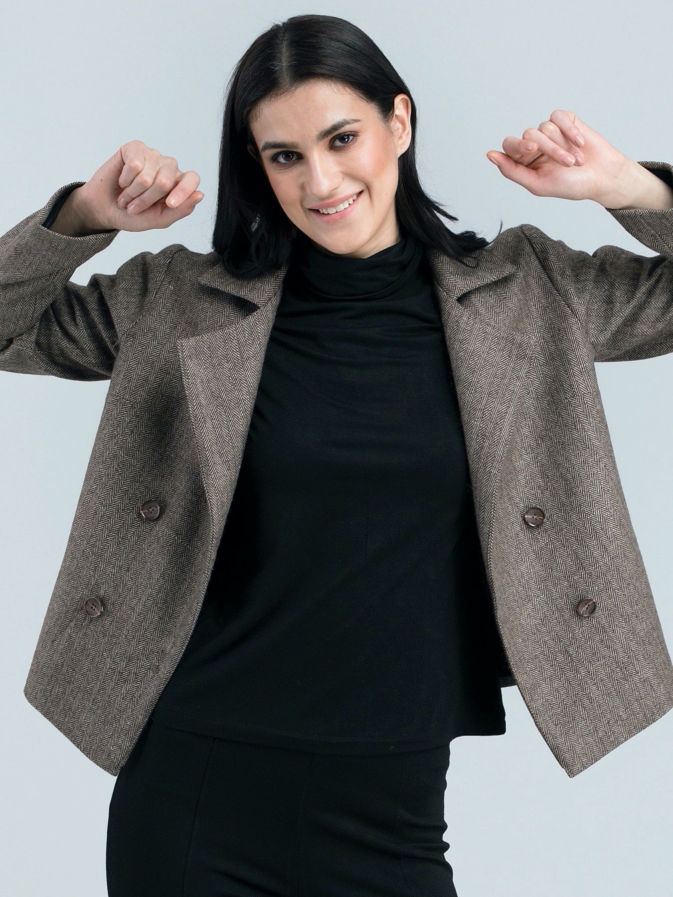 Tweed Herringbone Lapel Double Breasted Jacket - Brown