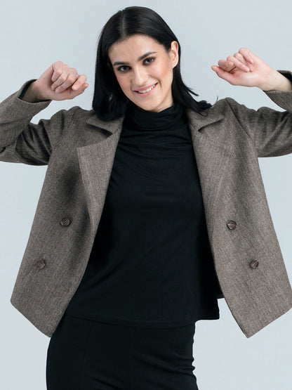 Tweed Herringbone Lapel Double Breasted Jacket - Brown