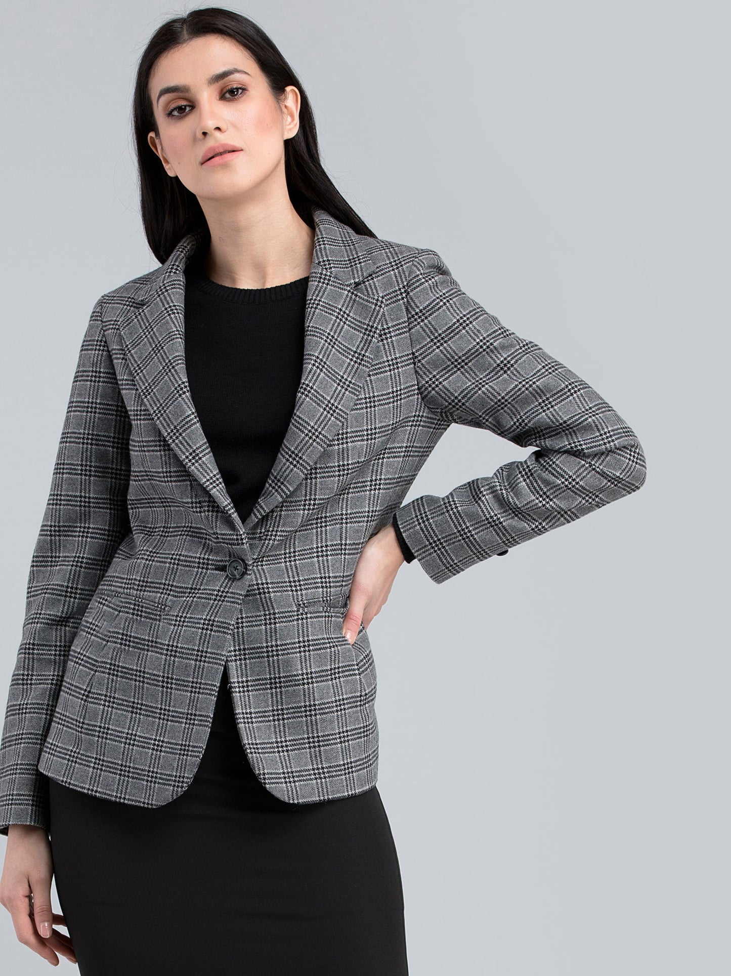 Tweed Lapel Check Jacket - Grey