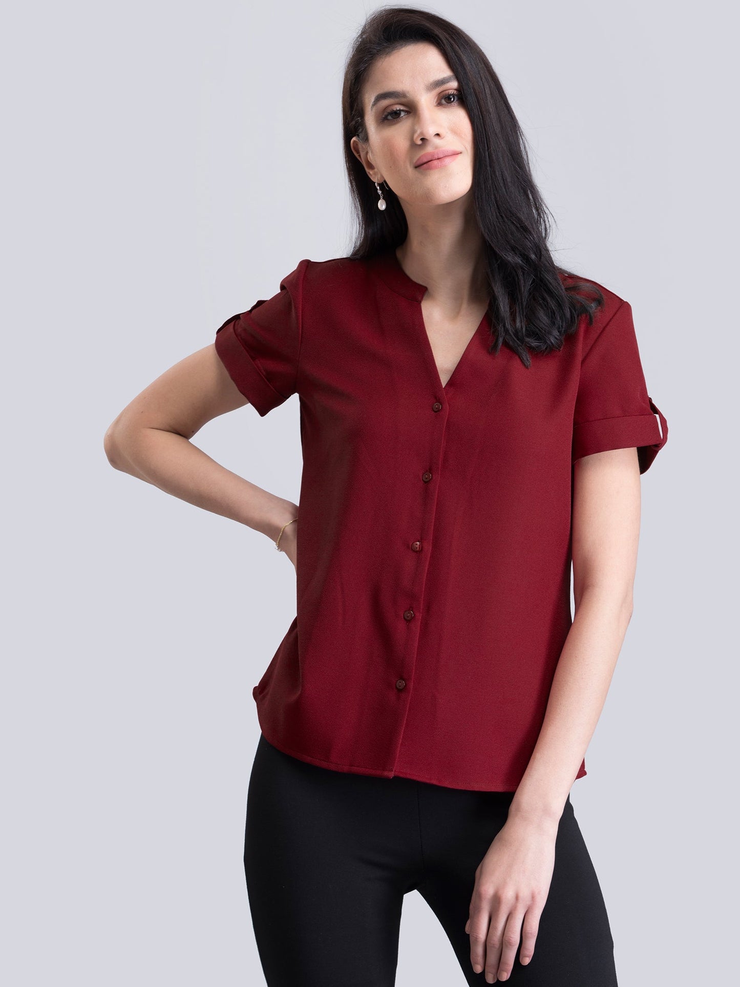 V Neck Short Sleeve Top - Red