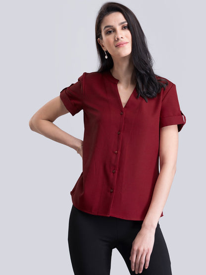 V Neck Short Sleeve Top - Red