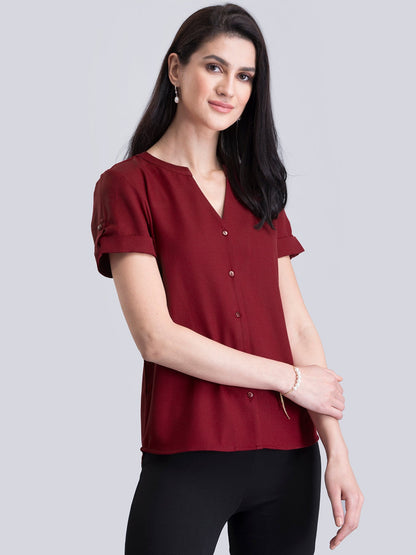V Neck Short Sleeve Top - Red