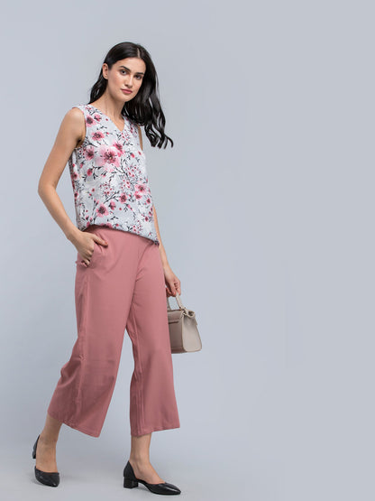 V Neck Floral Top - Grey