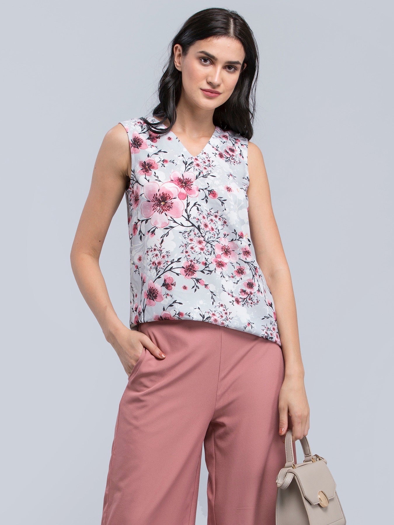 V Neck Floral Top - Grey