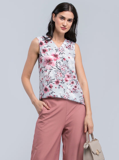 V Neck Floral Top - Grey
