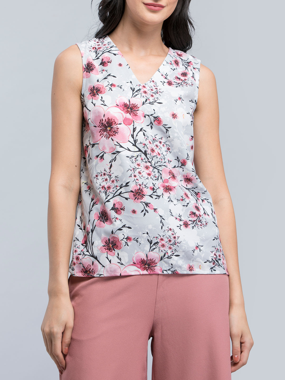 V Neck Floral Top - Grey