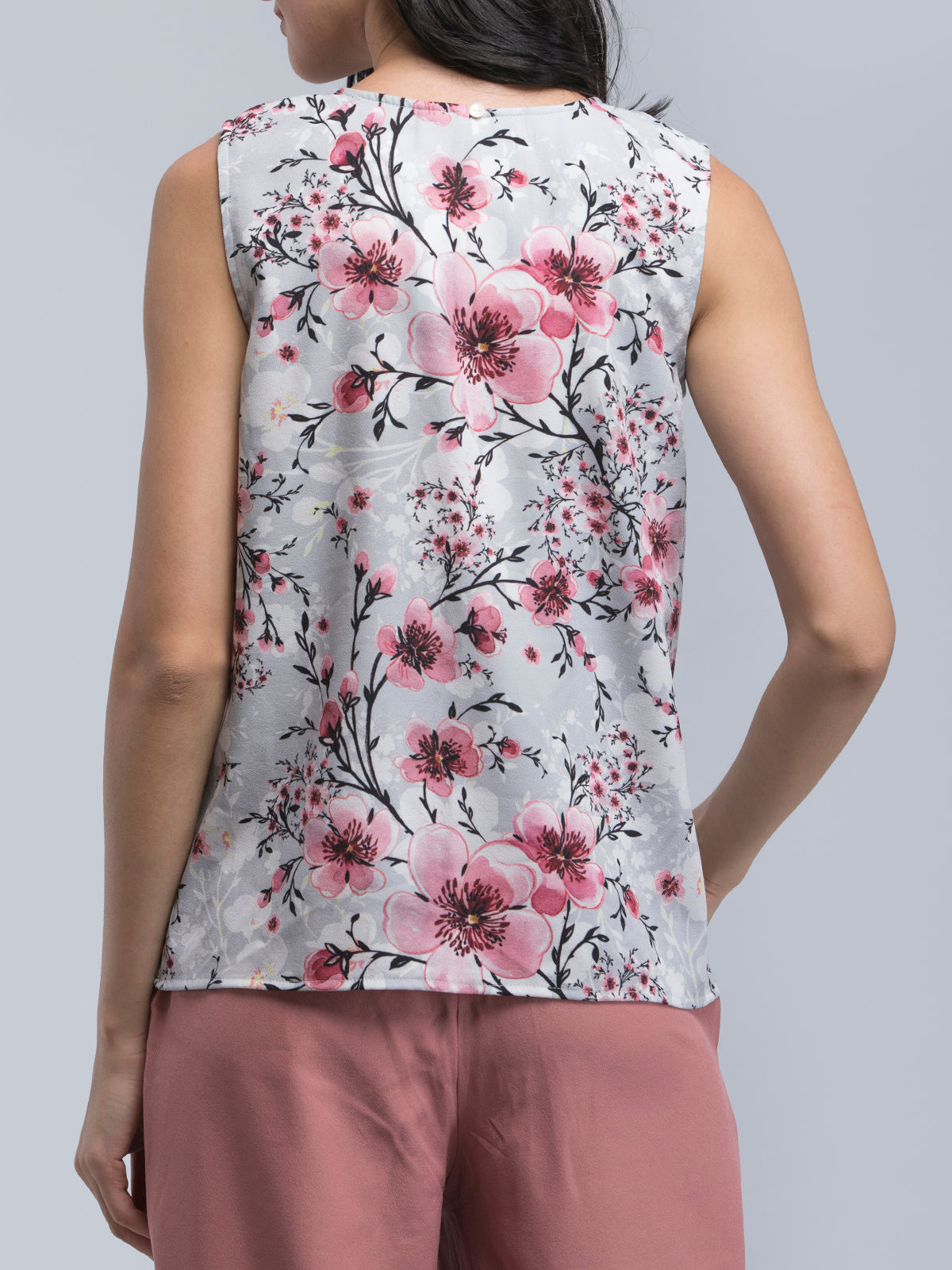 V Neck Floral Top - Grey