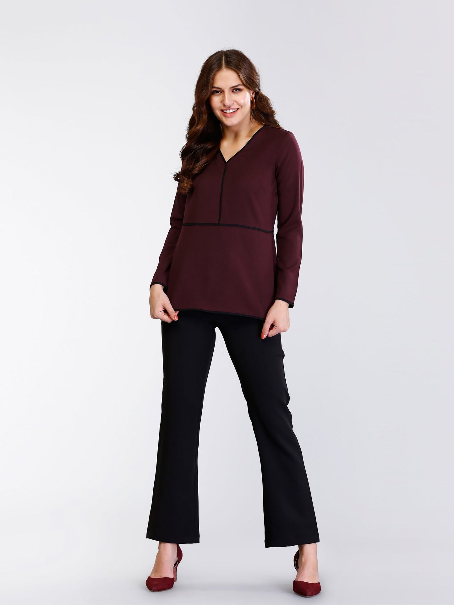 V Neck Piping Detail Top - Maroon