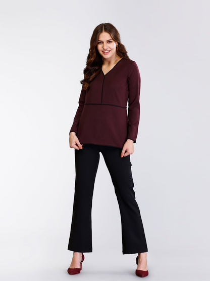 V Neck Piping Detail Top - Maroon