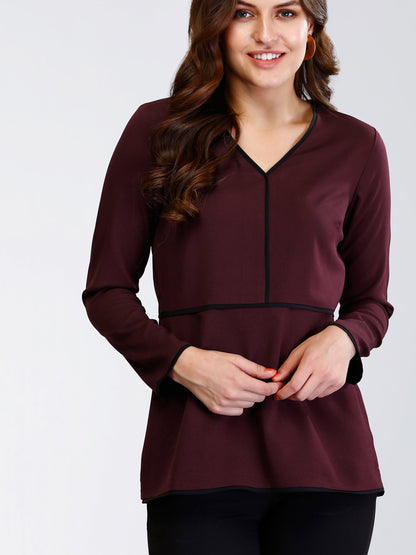 V Neck Piping Detail Top - Maroon