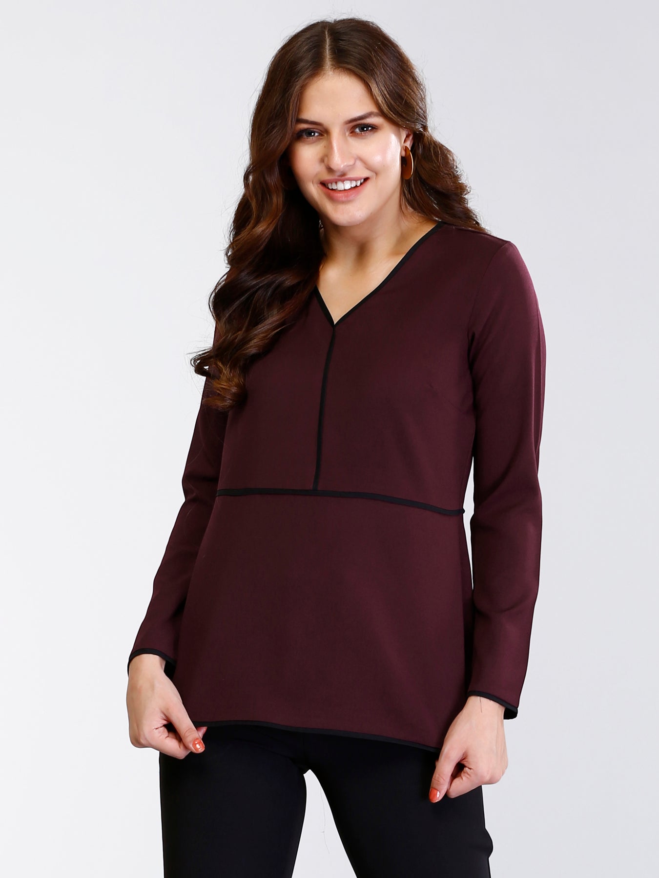 V Neck Piping Detail Top - Maroon