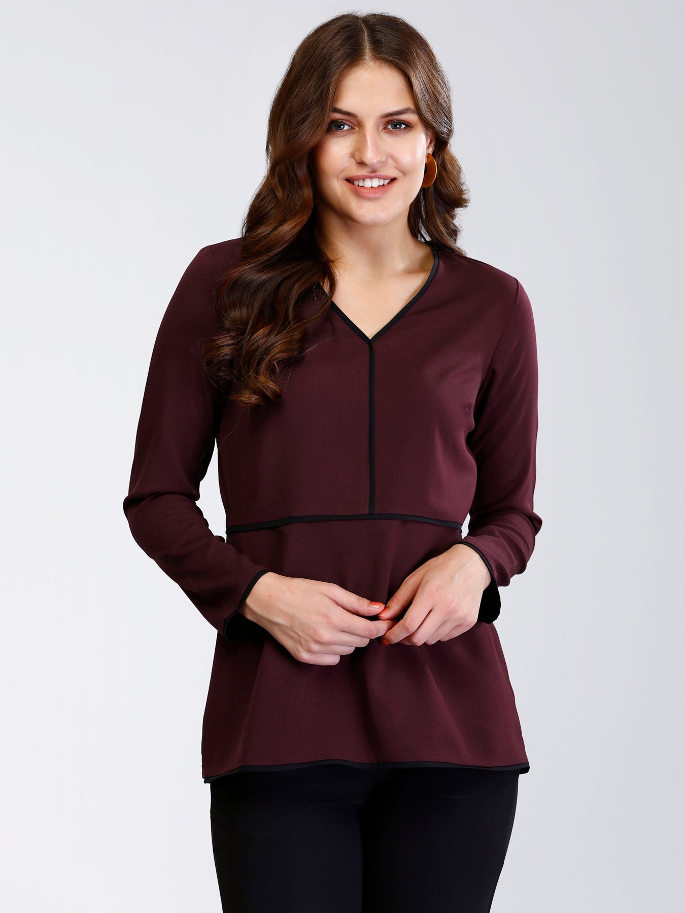 V Neck Piping Detail Top - Maroon