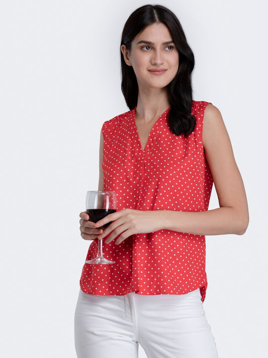 V Neck Polka Dot Gather Detail Top - Red
