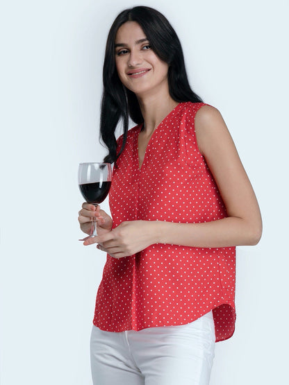 V Neck Polka Dot Gather Detail Top - Red