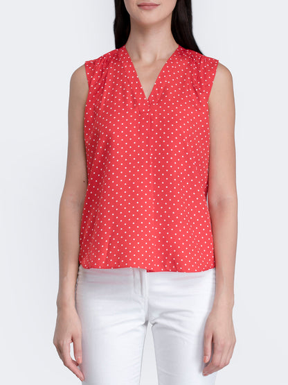 V Neck Polka Dot Gather Detail Top - Red