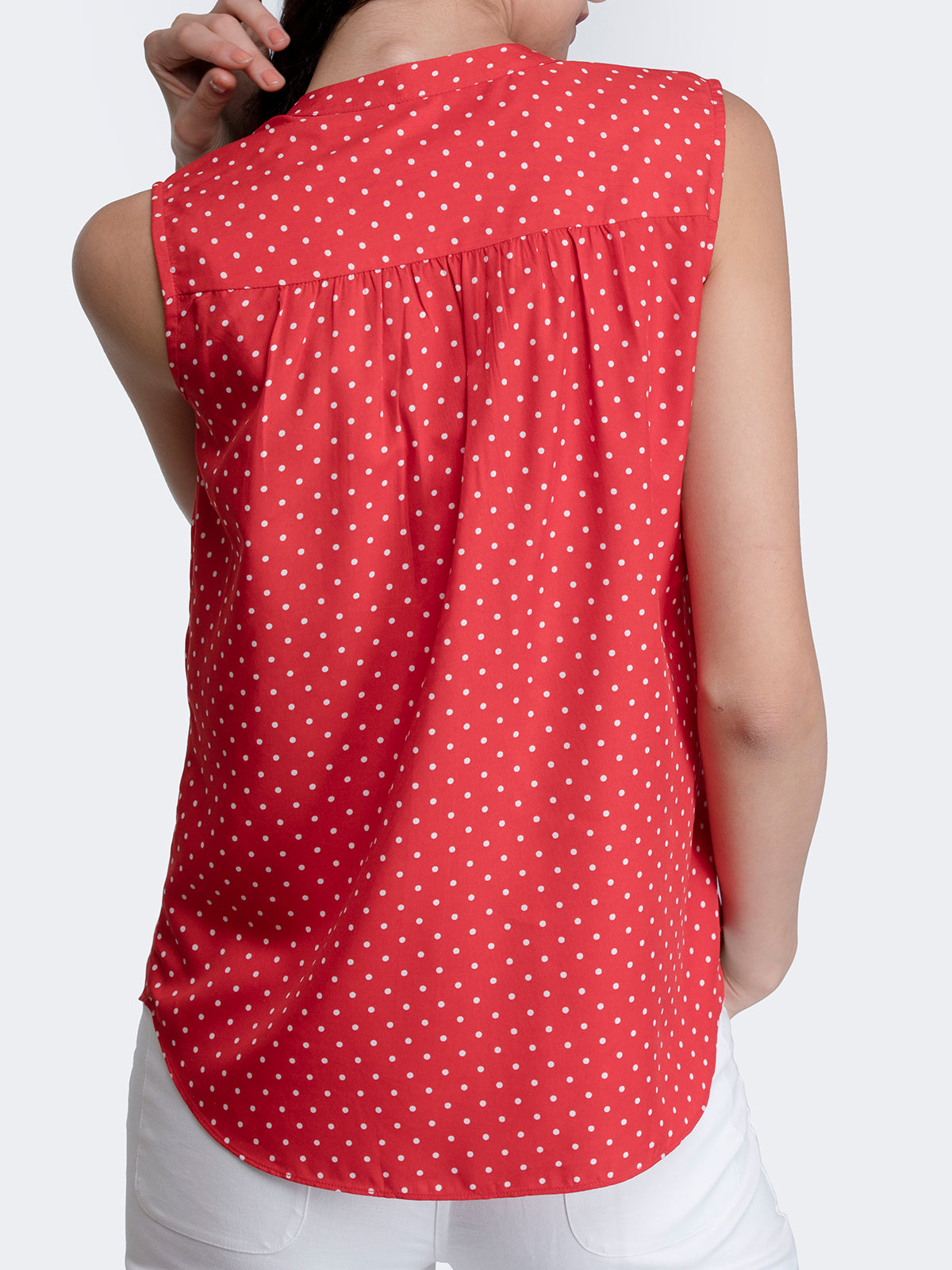 V Neck Polka Dot Gather Detail Top - Red