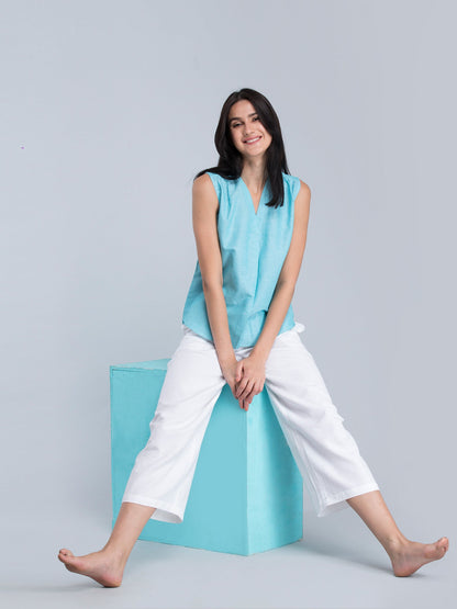 V Neck Sleeveless Linen Top - Blue