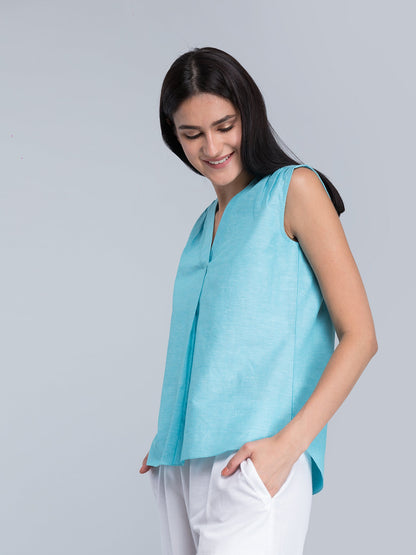 V Neck Sleeveless Linen Top - Blue
