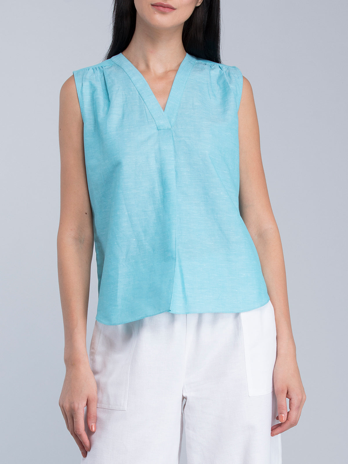 V Neck Sleeveless Linen Top - Blue