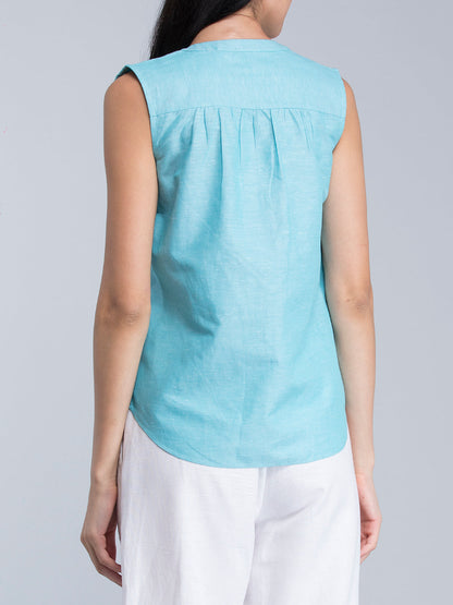 V Neck Sleeveless Linen Top - Blue