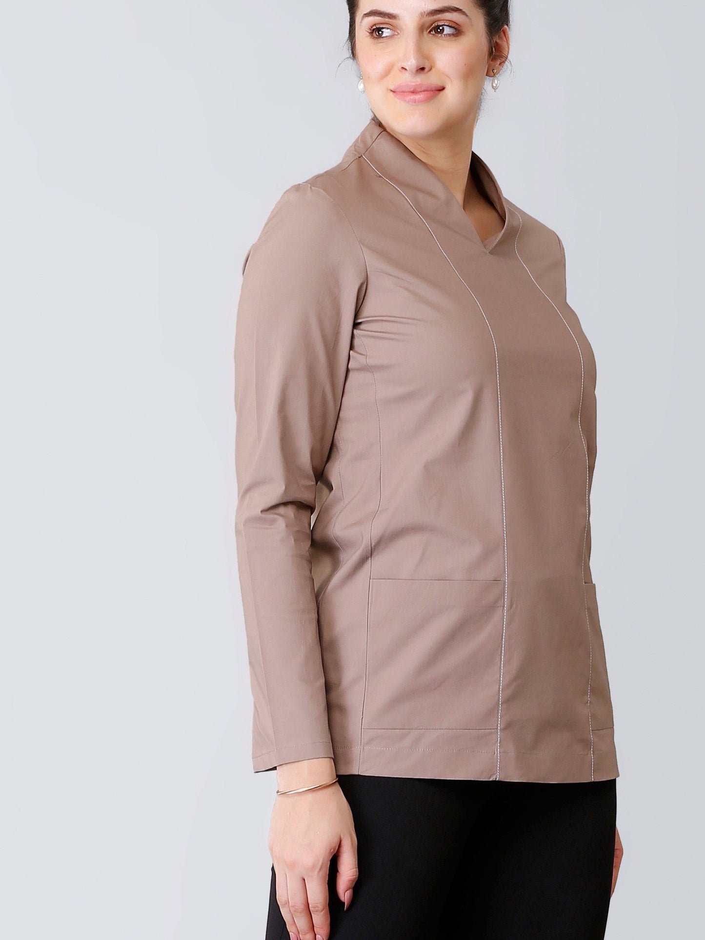 V Neck Stitch Detail Full Sleeve Top - Dusky Brown