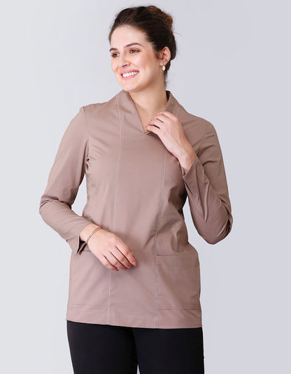 V Neck Stitch Detail Full Sleeve Top - Dusky Brown