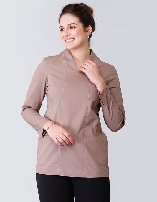 V Neck Stitch Detail Full Sleeve Top - Dusky Brown