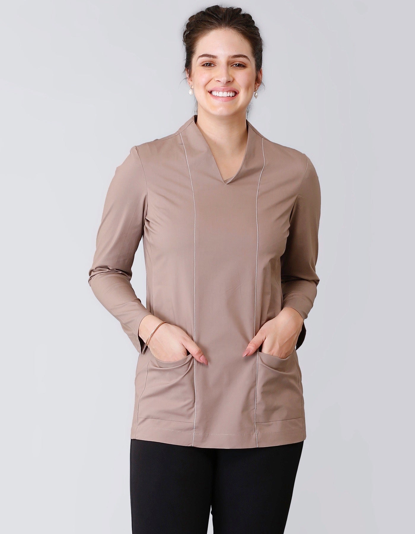 V Neck Stitch Detail Full Sleeve Top - Dusky Brown