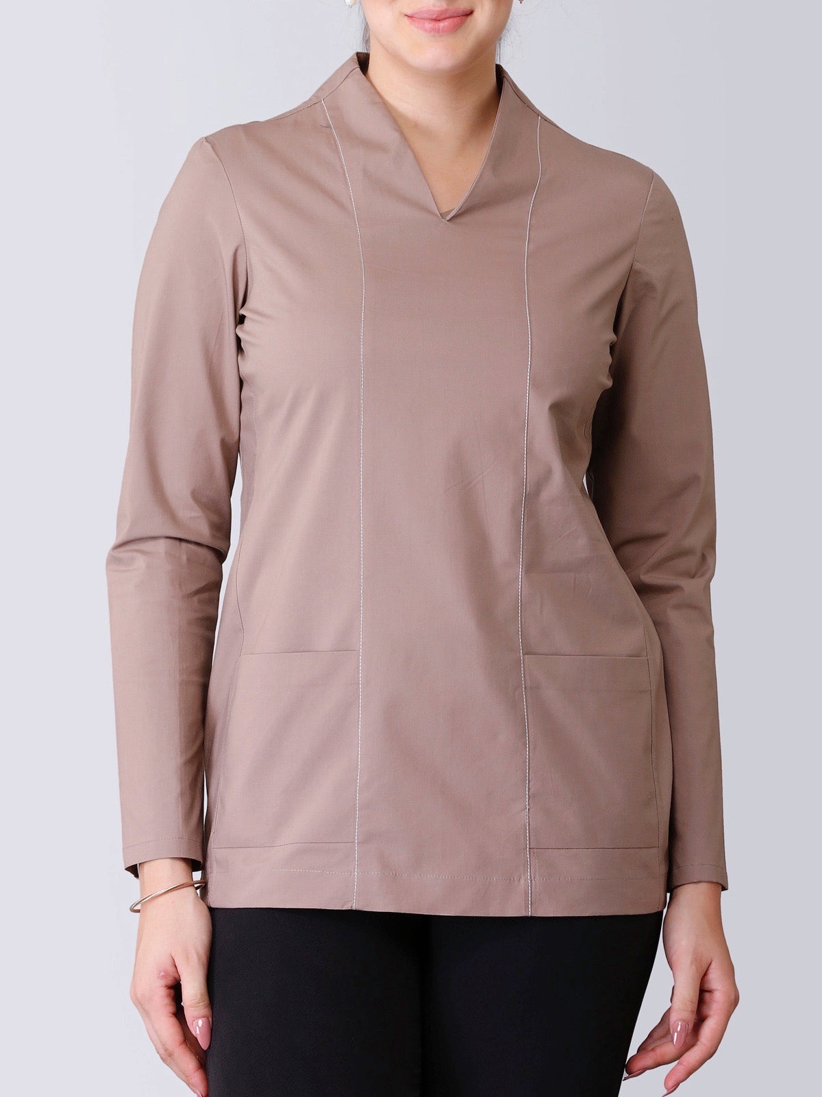 V Neck Stitch Detail Full Sleeve Top - Dusky Brown
