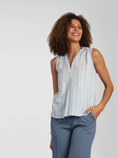V Neck Striped Top - Blue and White