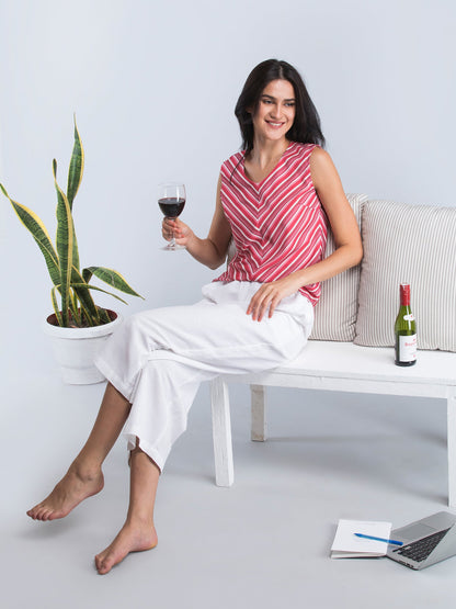 V Neck Striped Top - Pink