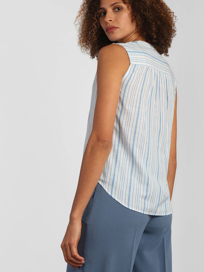 V Neck Striped Top - Blue and White