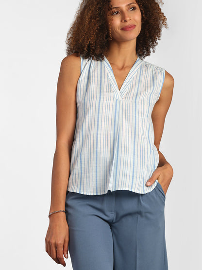 V Neck Striped Top - Blue and White
