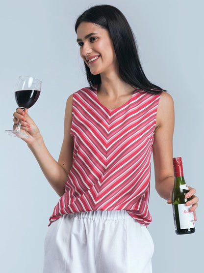 V Neck Striped Top - Pink