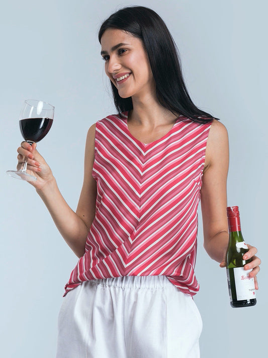 V Neck Striped Top - Pink