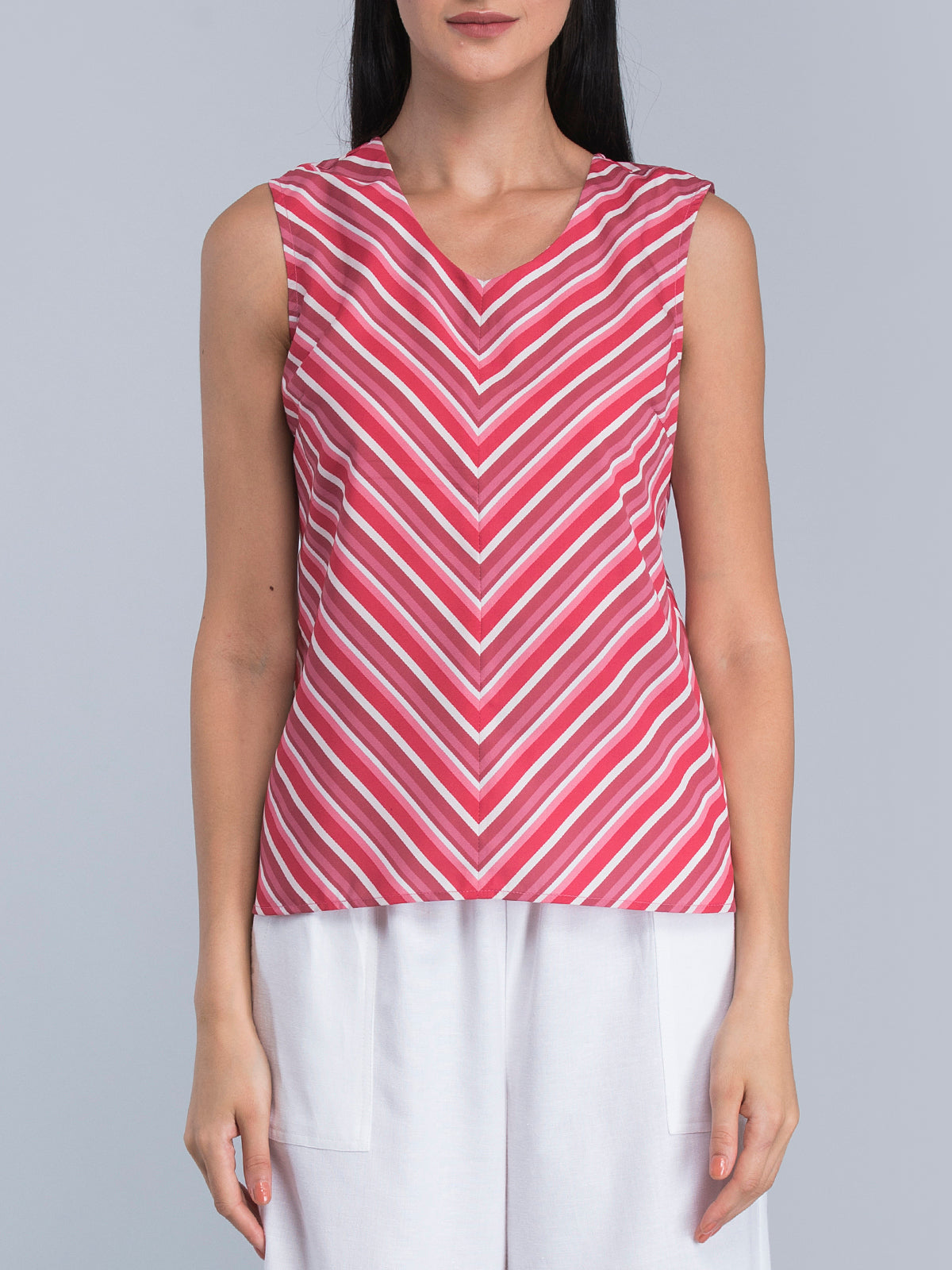 V Neck Striped Top - Pink