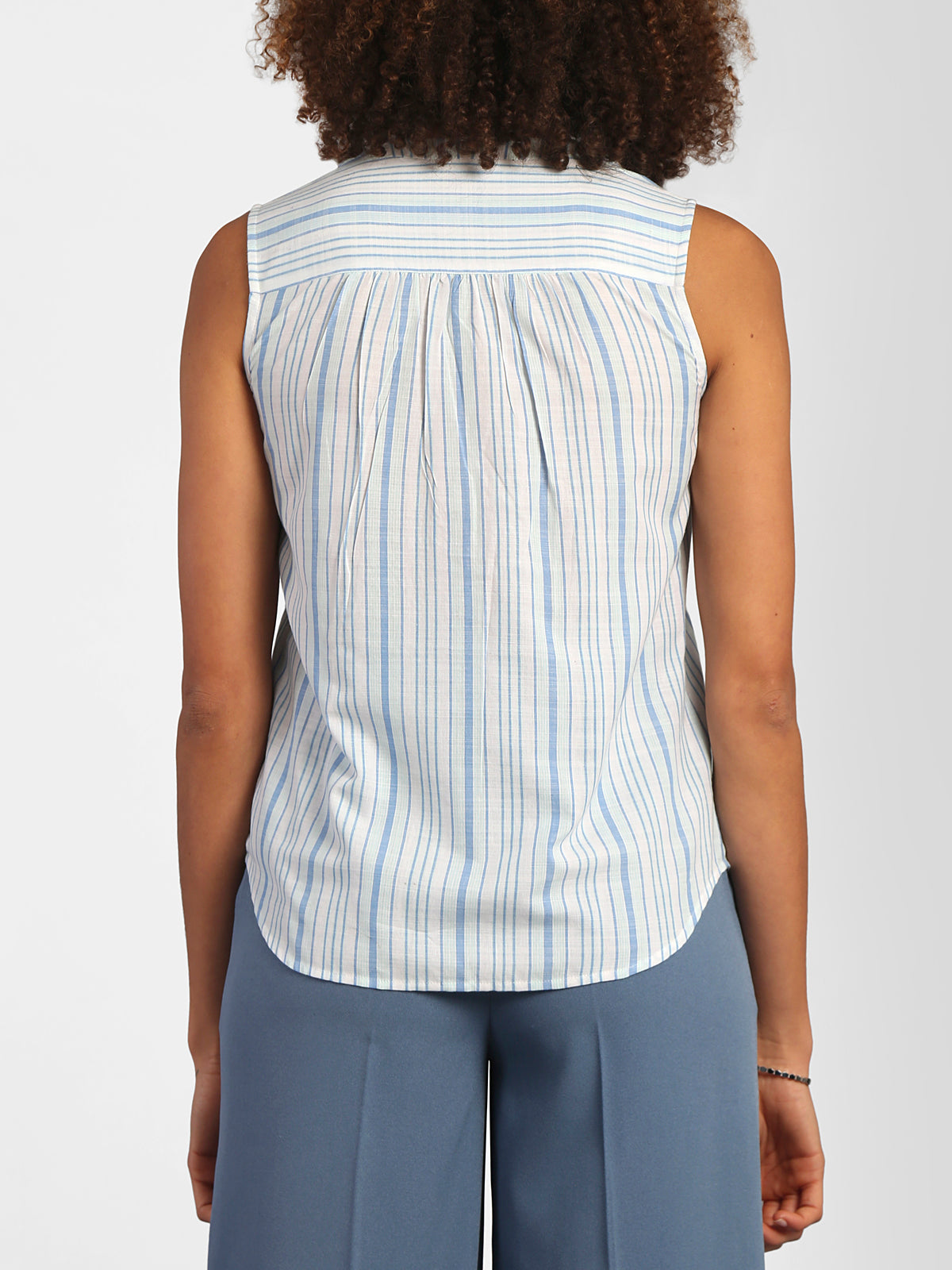 V Neck Striped Top - Blue and White