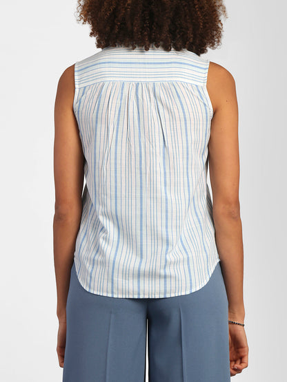 V Neck Striped Top - Blue and White