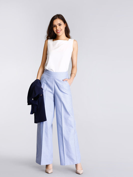 Wide Leg Front Crease Pants - Light Blue